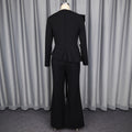 European and american color block ruffle trim long sleeve slim fit top and flare pant two-piece set