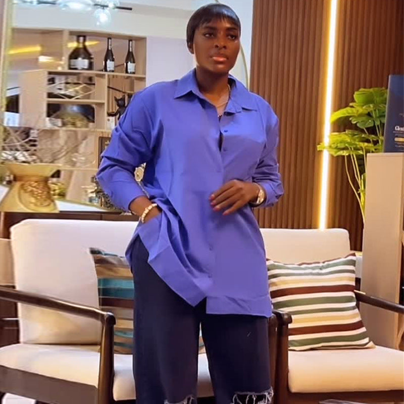 European and american cross-border african women's fashion:  autumn new collection - stylish turn-down collar, loose fit, striped casual long-sleeve shirt top