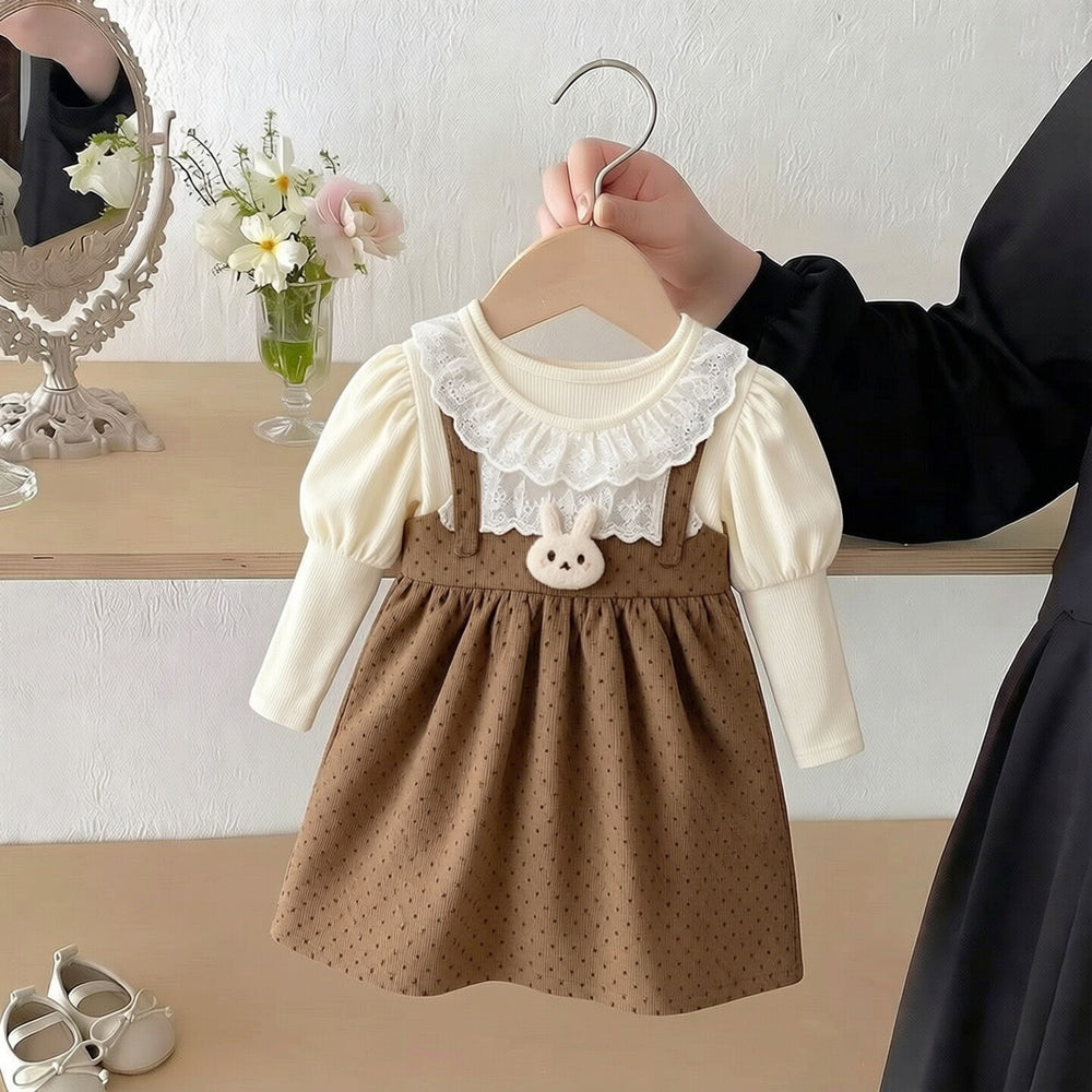 spring new girls' cotton dress, faux two-piece style, korean style toddler short-sleeve dress, cartoon design