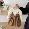 spring new girls' cotton dress, faux two-piece style, korean style toddler short-sleeve dress, cartoon design