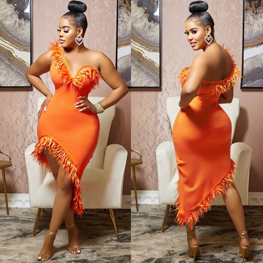 X5907   fashion new product pure colorv neck sleeveless chest wrap feather asymmetrical midi skirt dress