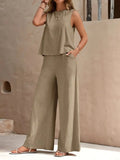 fashion cross-border best sellingpure colorelegancetwo-piece set round neck vest and loose pants suit women's clothing