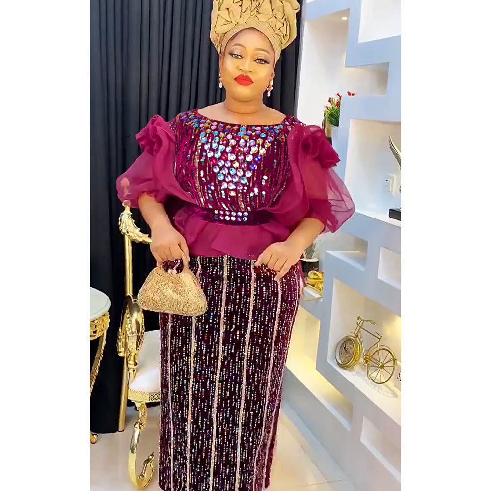 new party evening dress, heavily rhinestone embellished, hot-selling  african women's dress with belt included