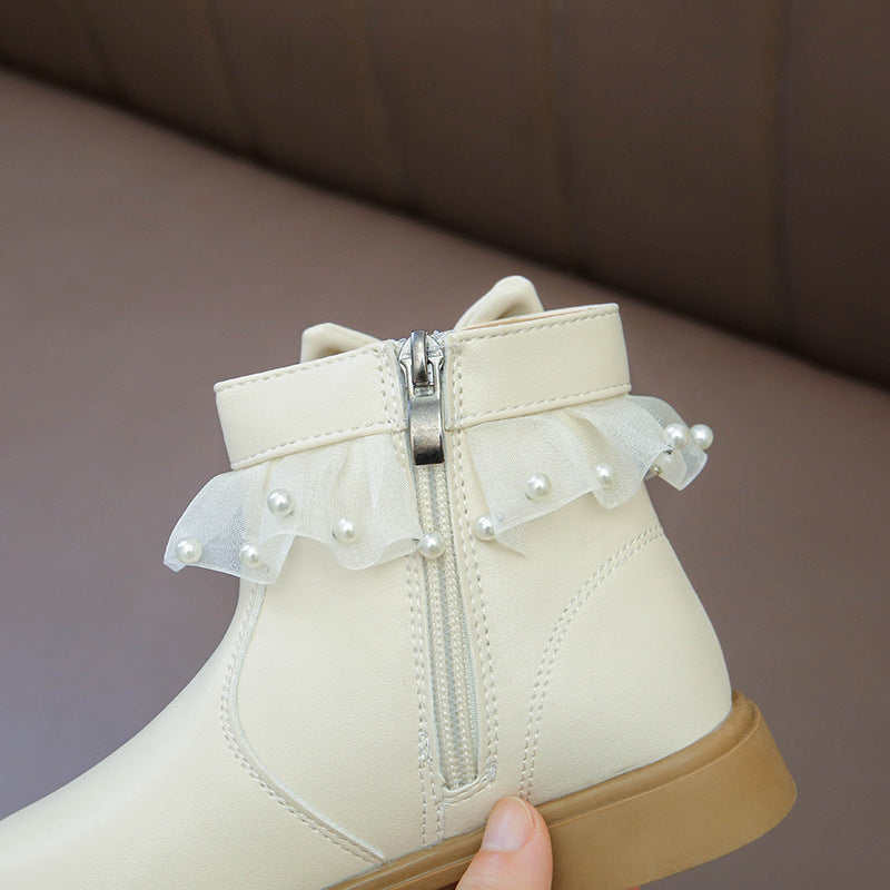 Girls' martin boots: new autumn  collection - stylish lace-trimmed, pearl-embellished, soft-soled princess ankle boots for trendy little girls
