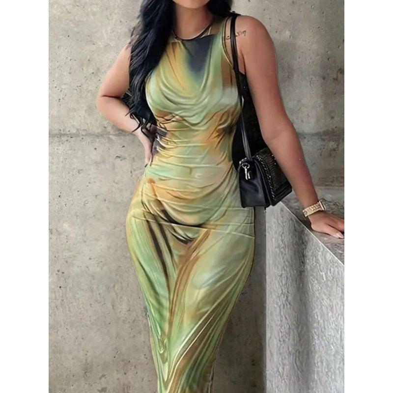 Amazon ins same style sleeveless tie-dye zebra print printingsilmsexy hip-hugging long women's dress