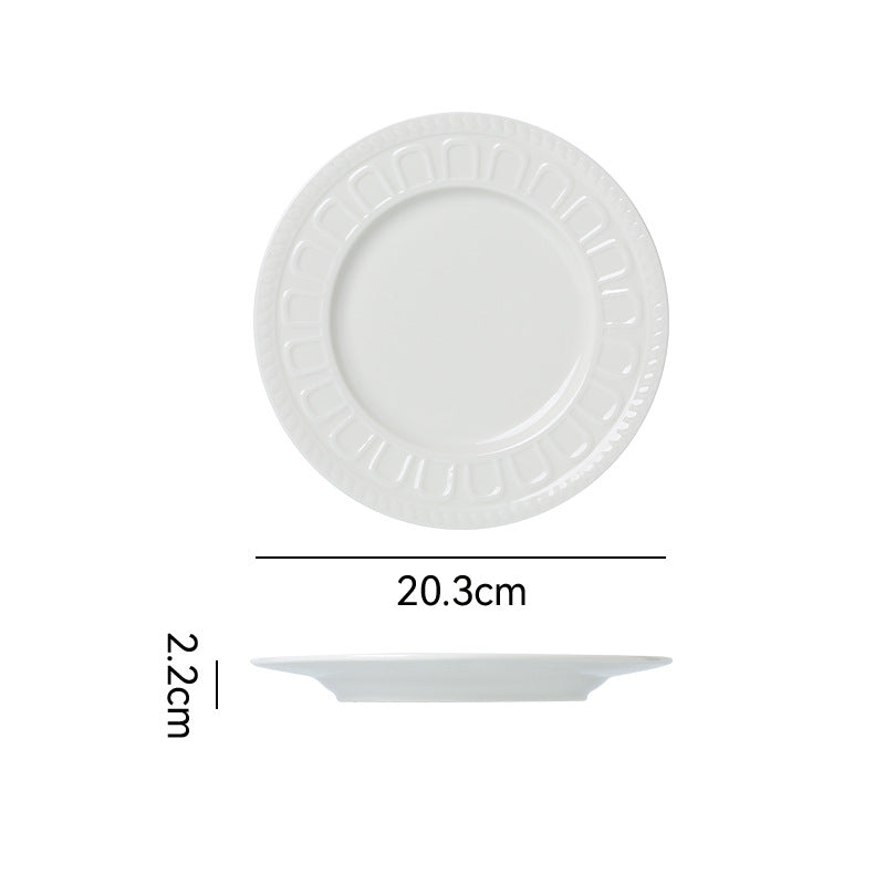 Pure white embossed dinnerware ceramic plate - nordic/american style flat plate, soup plate, fruit plate, hotel & restaurant minimalist style steak plate