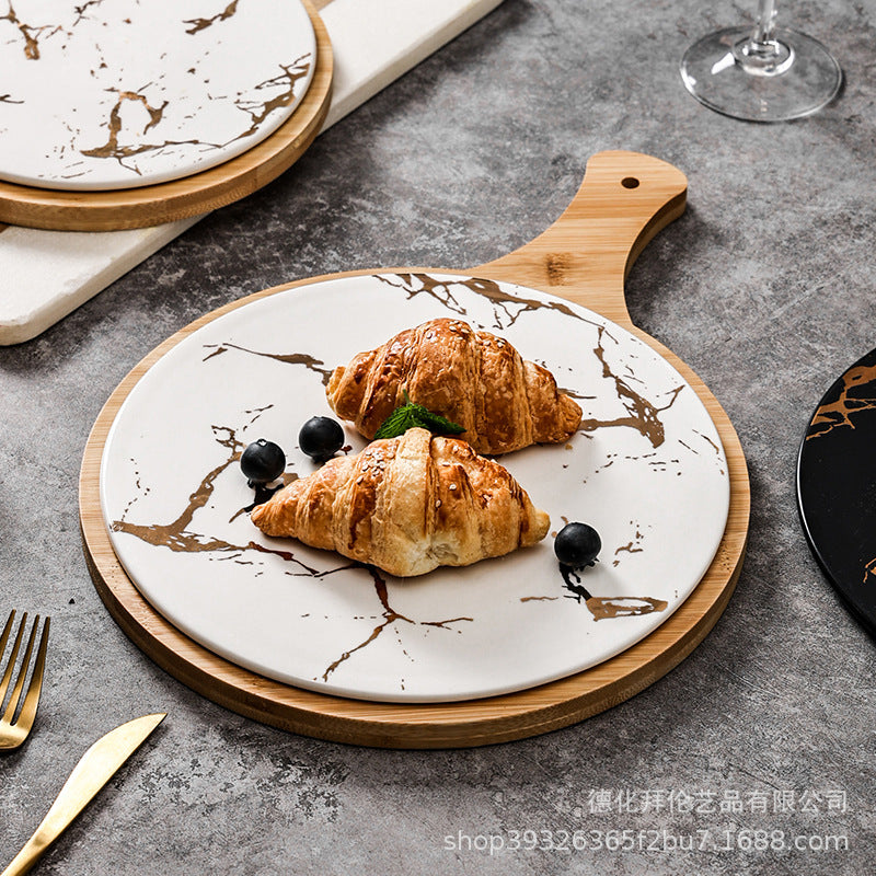 Nordic high-looking desktop flat steak plate with heat-insulating wooden tray creative marble plate manufacturer wholesale