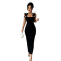 fashion cross-border summer women's three-dimensional pearl strap square neck black slim-fit bodycon dress