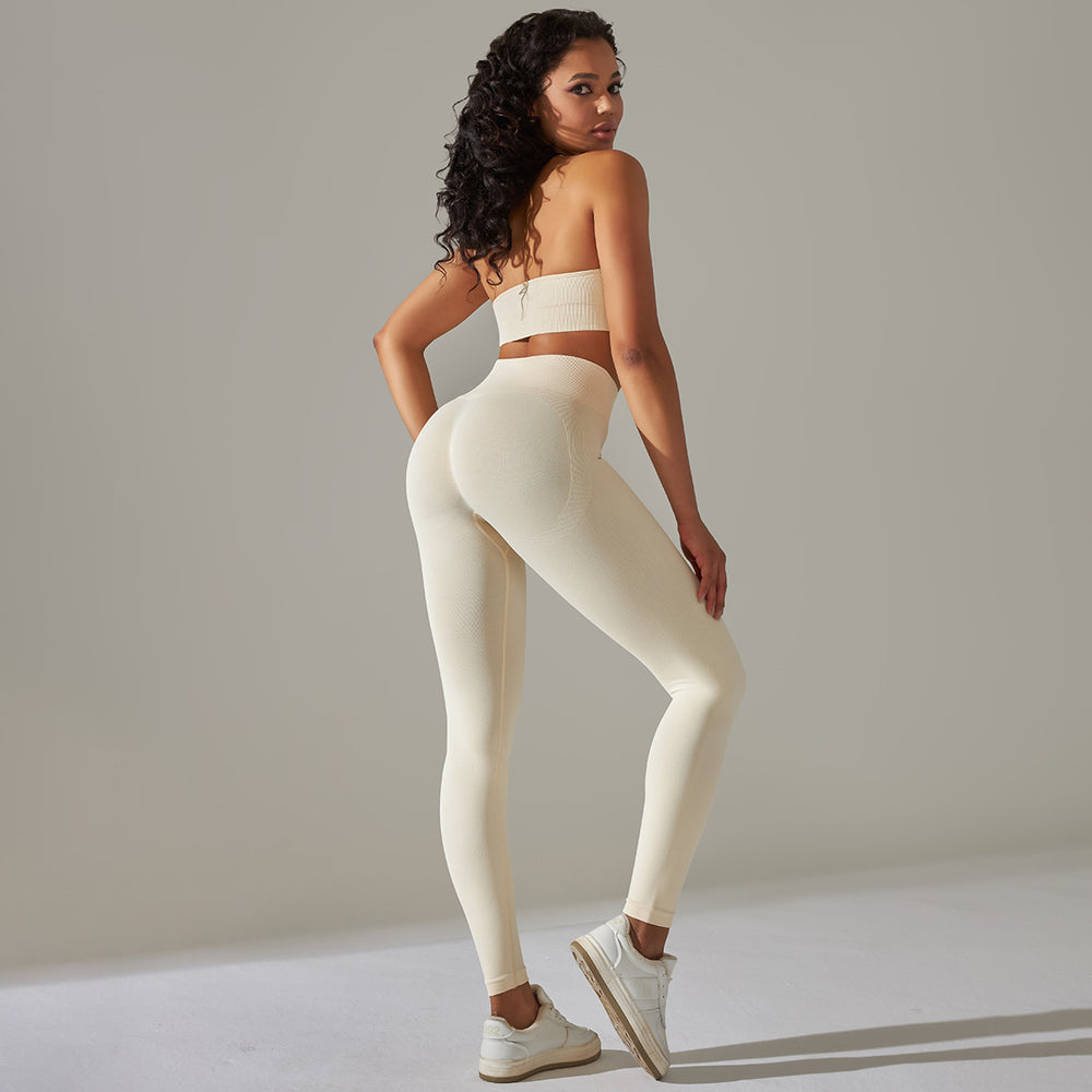 Spring/summer new solid color knitted seamless peach lift leggings with sports bra set - yoga & fitness apparel for women