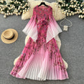 Elegant and stylish flared-sleeve printed dress for women, featuring a cinched waist, pleated detailing, batwing sleeves, and a full, flowing skirt. a sophisticated and versatile dress perfect for the office