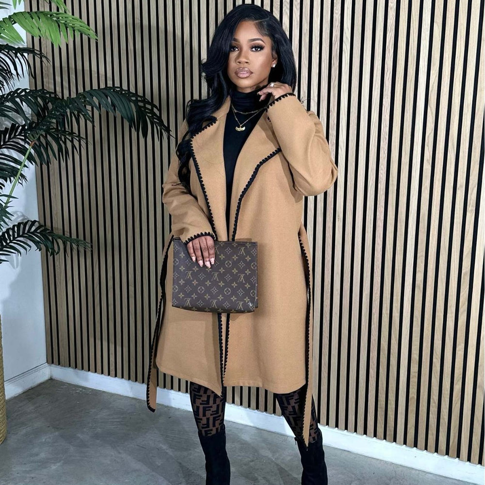 spring european women's wool blend long sleeve knit turn-down collar long coat loose trench coat outerwear