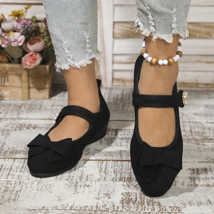 Wholesale women's plus size suede bowknot round toe single strap wedge heel casual flats - new spring/summer  collection for export