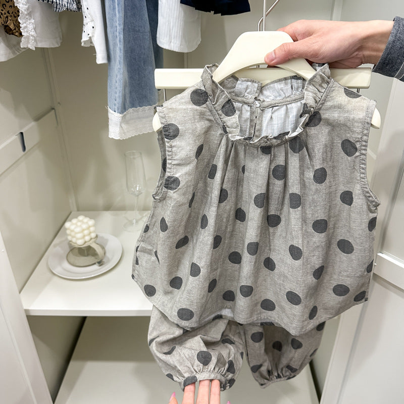 [summer clothing big sale free shipping] girls polka dot cotton and linen suit  summer new fashion little girls style two