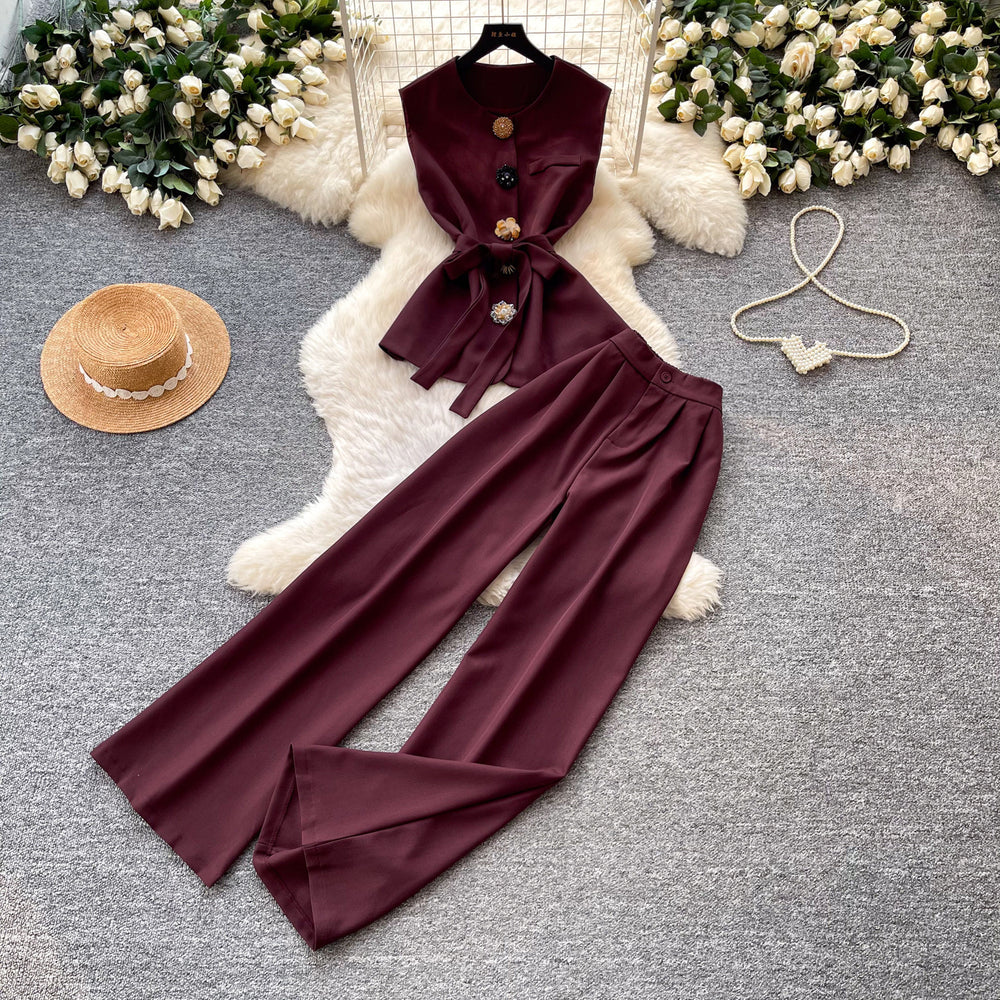 Commute style sleeveless two-piece set for women,  summer collection: high-end tie-waist tank top and high-waisted wide-leg pants set