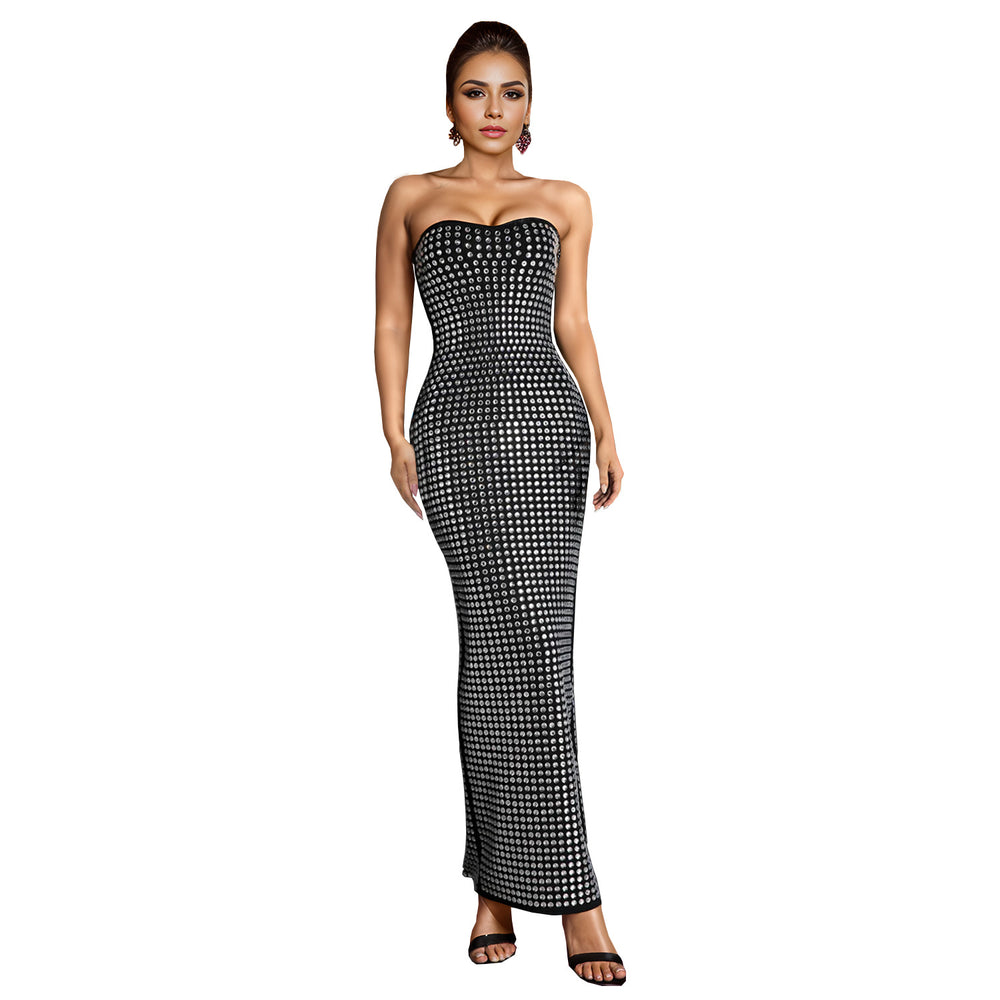 C7162 cross-border   fashion women's off-shoulder rhinestone bodycon slit bodycon dress