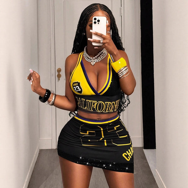 European and American  new women's clothing sexy fashion trendy brand letter printing neck sleeveless top tight skirt set