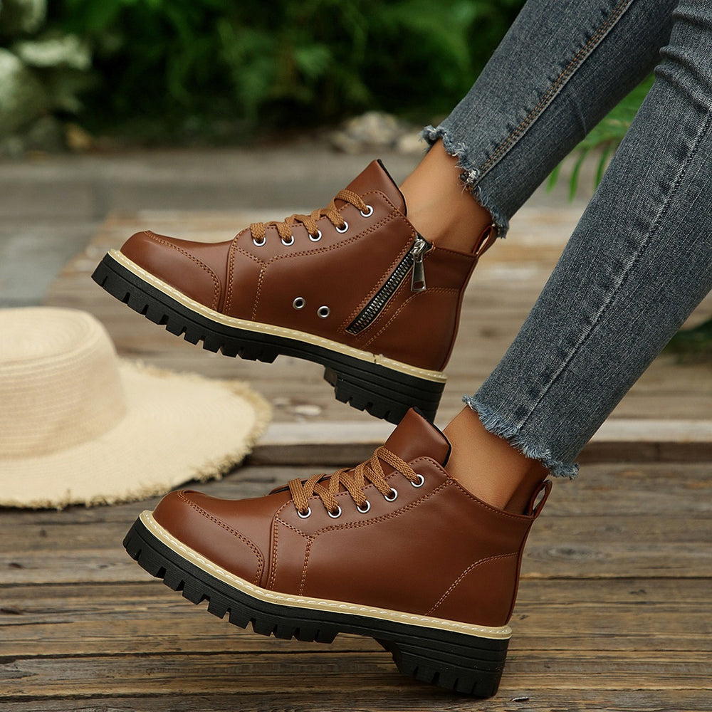 Exportplus sizenew arrival side zipper martin short boots women's tie backthick sole british style workwear boots trendy women's boots wholesale