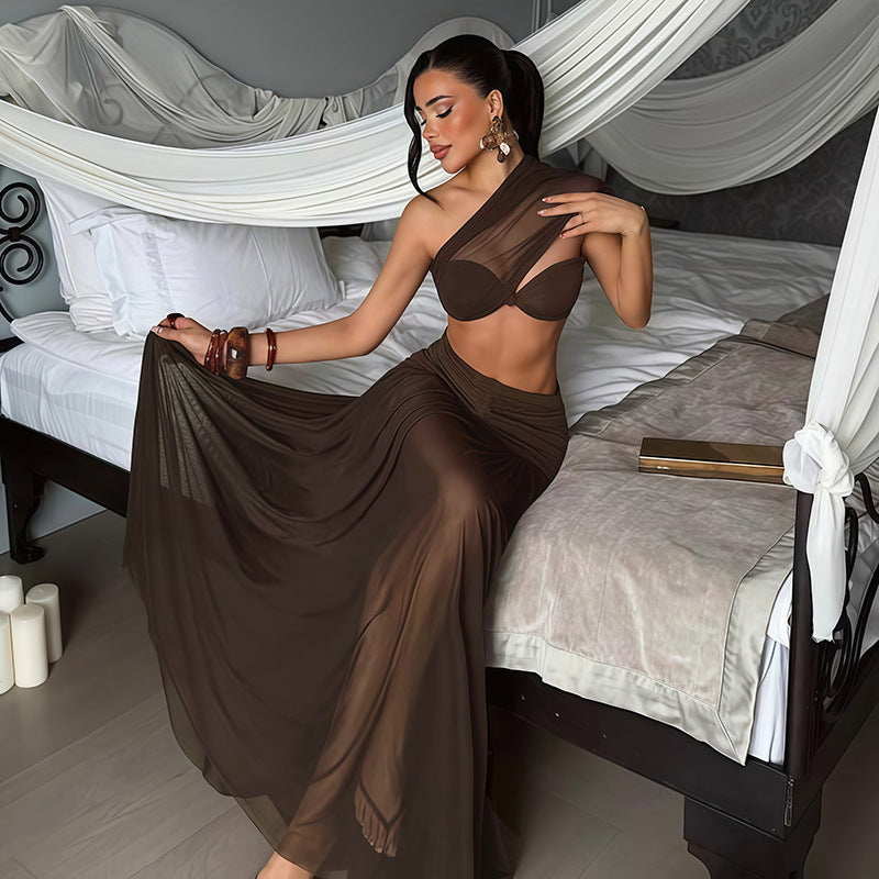 Amazon women's clothing  summer new one-shoulder slant neck cropped slim-fit tank top sexy mesh midi skirt set