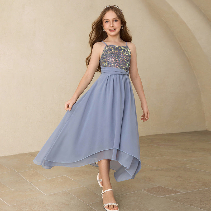 Girls' dress with asymmetrical hem design, suspender skirt, sequin patchwork, big kids' dress, european and american style, cross-border ready stock
