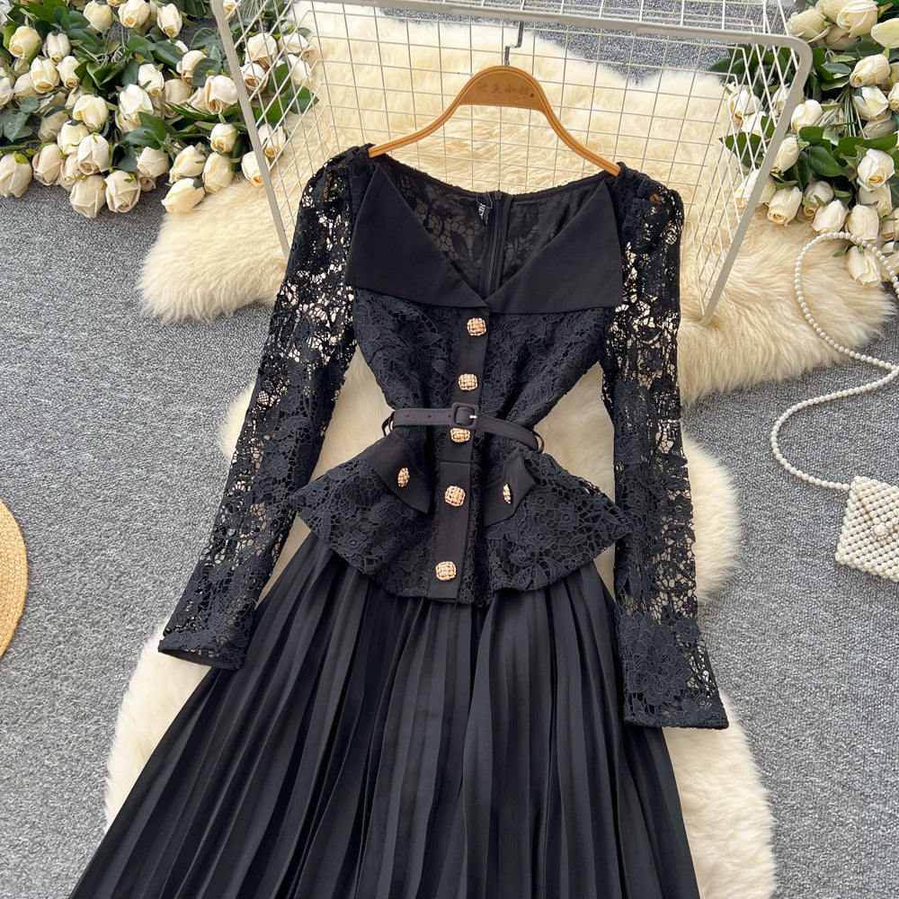 Frenchclassy sense lapel lacepatchwork metal buckle waist pleated dress female autum tweed style long skirt
