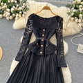 Frenchclassy sense lapel lacepatchwork metal buckle waist pleated dress female autum tweed style long skirt