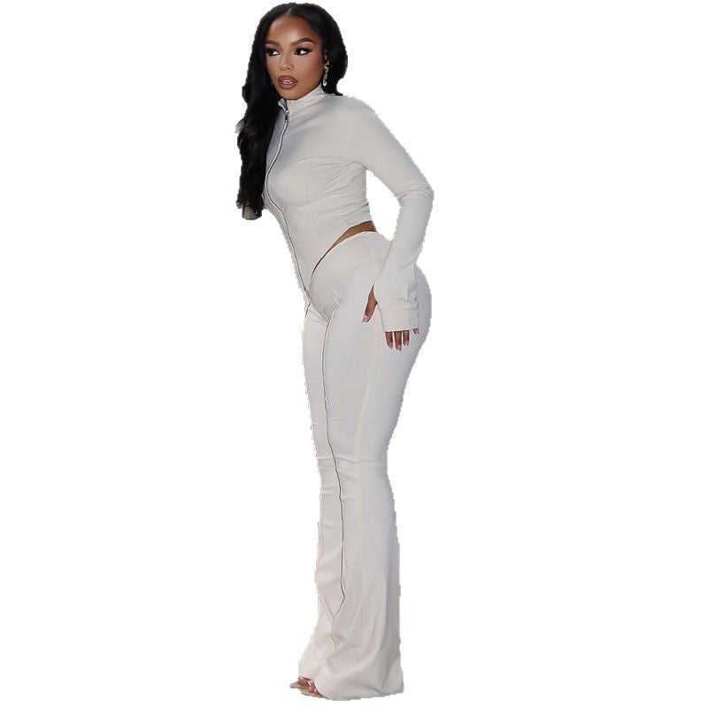 European and American  women's clothing slim-fit pleated zipper solid color open-button pants set long-sleeved stand-up collar loose trousers two-piece set