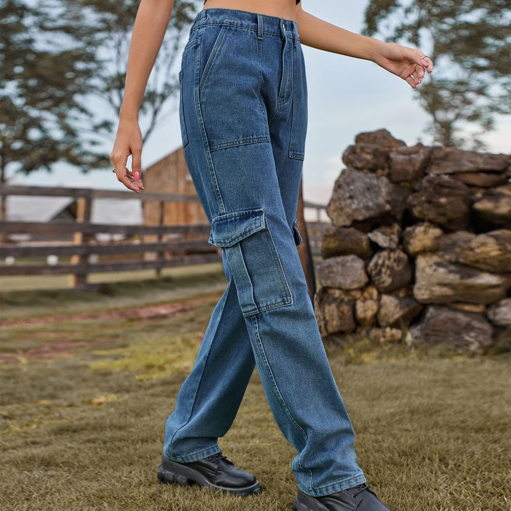 American retro european and american cross-border  new washed semi-elastic design stylish denim workwear casual pants for women