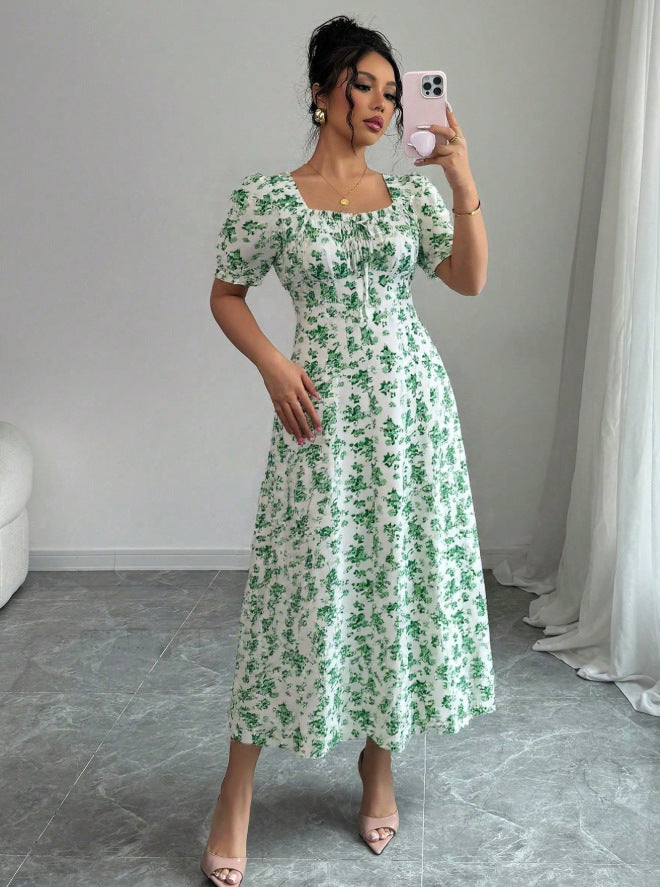 new cross-border french style bubble sleeve v-neck floral print women's dress