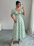 new cross-border french style bubble sleeve v-neck floral print women's dress