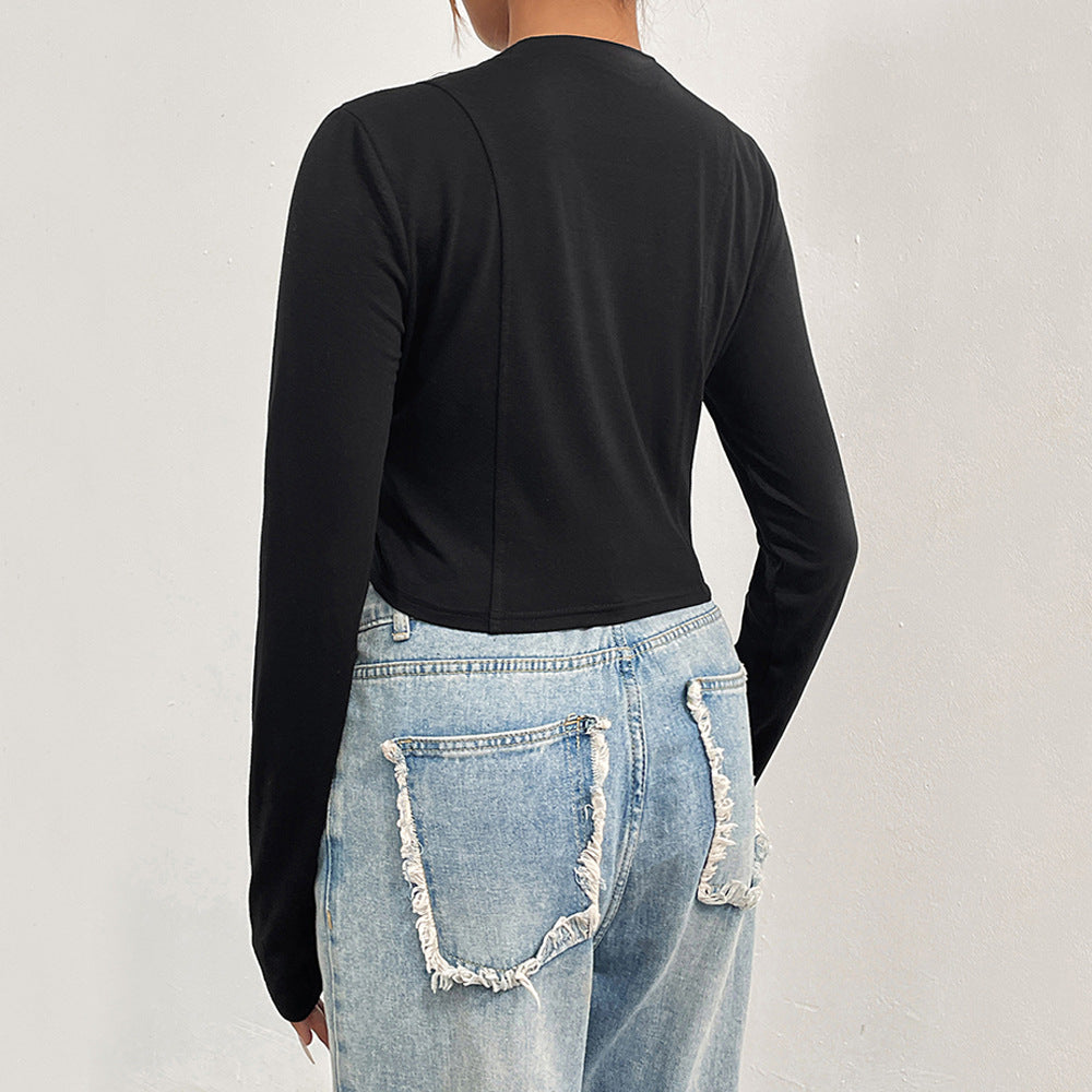 Cross-border European and American women's clothing 2024 autumn and winter solid color slim-fit ultra-short semi-turtleneck long-sleeved t-shirt American street top