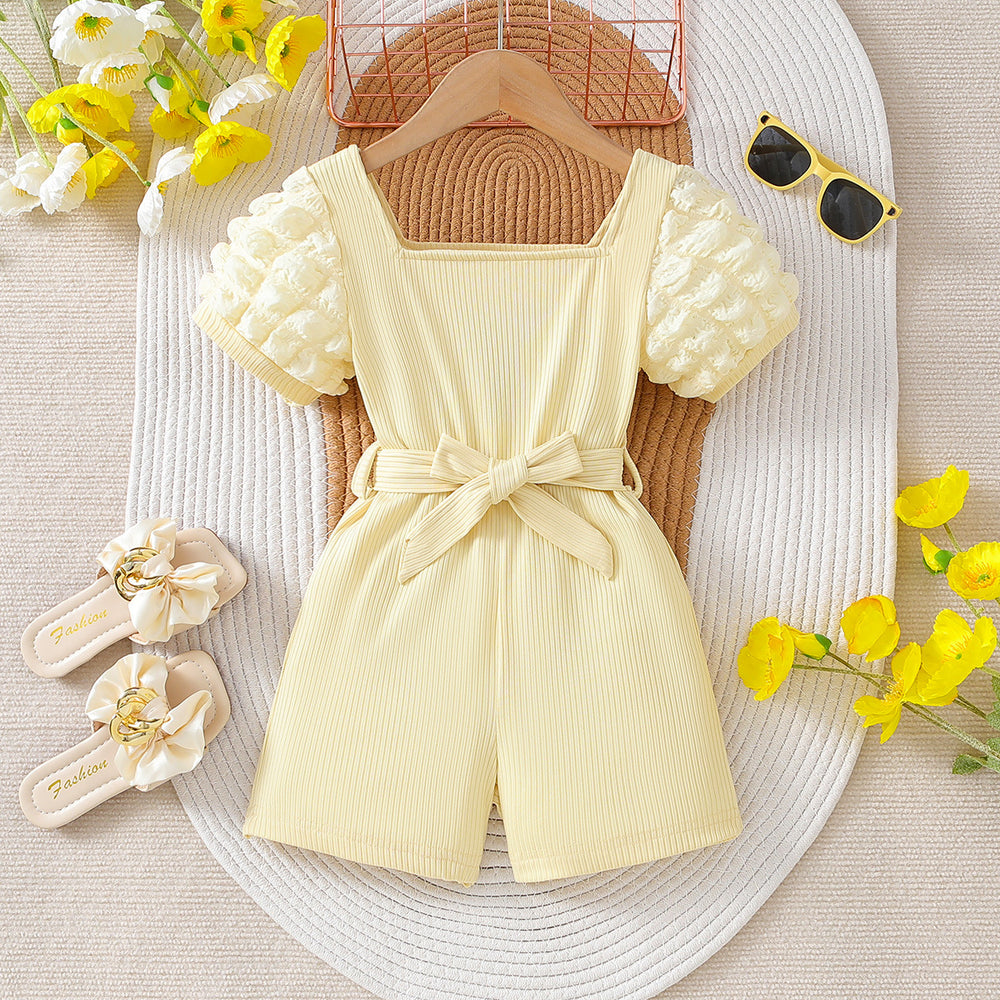 Summer girls' outfit for export: yellow bubble sleeve romper with shorts and belted ribbed knit pants set