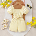 Summer girls' outfit for export: yellow bubble sleeve romper with shorts and belted ribbed knit pants set