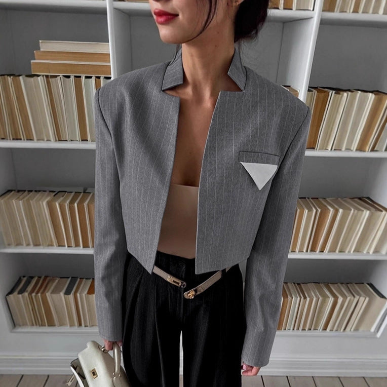 Old money wind striped stand-up collar small blazer women's 2025 autumn new British style short suit top women's clothing