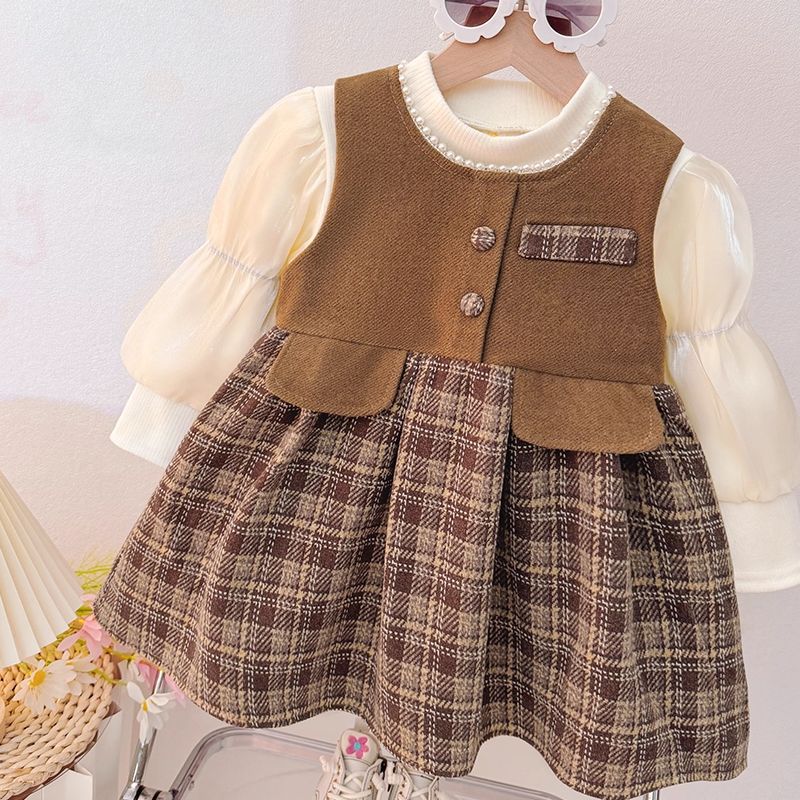 【dropshipping】 stylish kids' fleece-lined autumn/winter vest dress two-piece set - trendy princess dress for baby girls