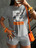 Amazon fashion cross-border women's crane suit summerprinting short sleeve t-shirt + drawstring silmshorts