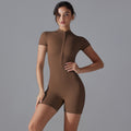 New european and american summer zip-up short sleeve shorts yoga jumpsuit women's dance fitness bodysuit