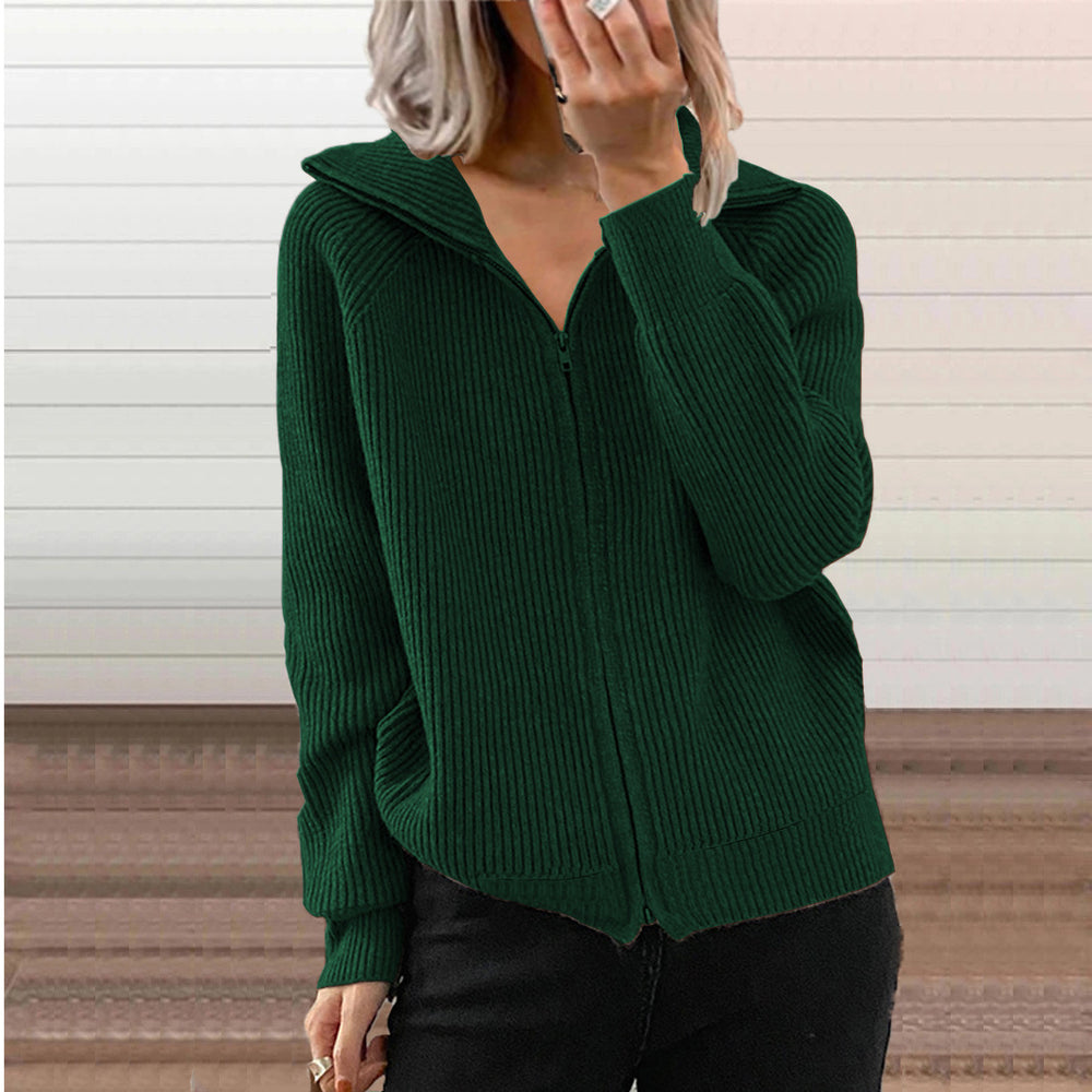 Fashion cross-border fall and winternew arrivalstripescasualoutwearlooseknitting shirt zipper cardiganlong sleeves lapel sweater women