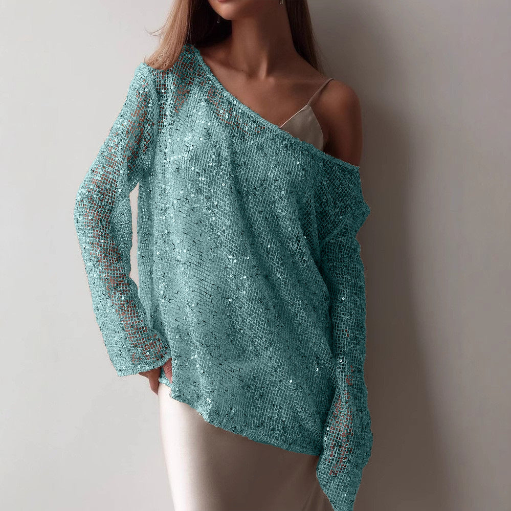 new european and american  style long-sleeve urban casual colorful hollow-out loose fit pullover sequin top for women