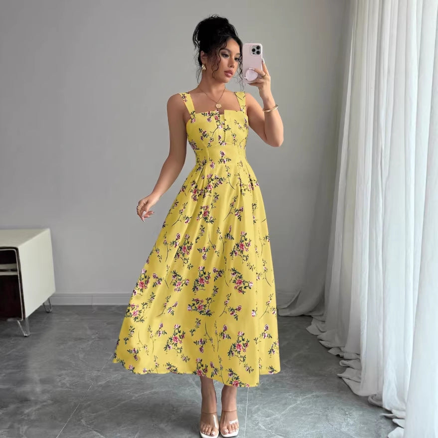 autumn european and american  cross-border e-commerce new solid color sleeveless square neck printed backless slit dress