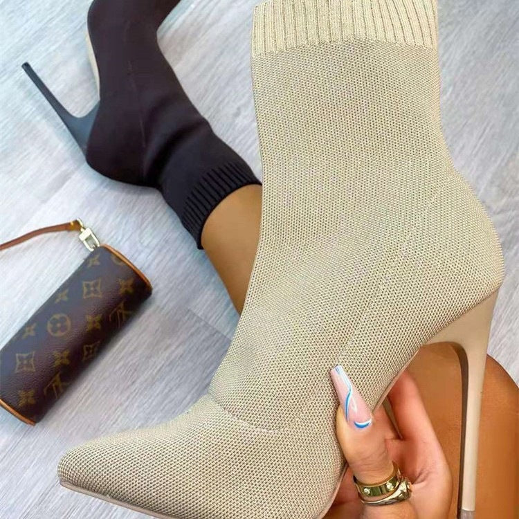 Exportplus sizefashion autumn style in stock pointed toe knitting knee socks high heel stiletto women's boots fly knit women's elastic sock boots