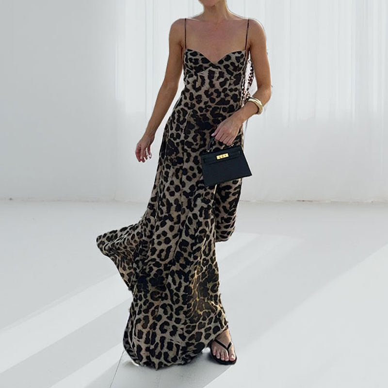 cross-border european and american women's clothing: new summer elegant and sexy leopard print spaghetti strap maxi dress