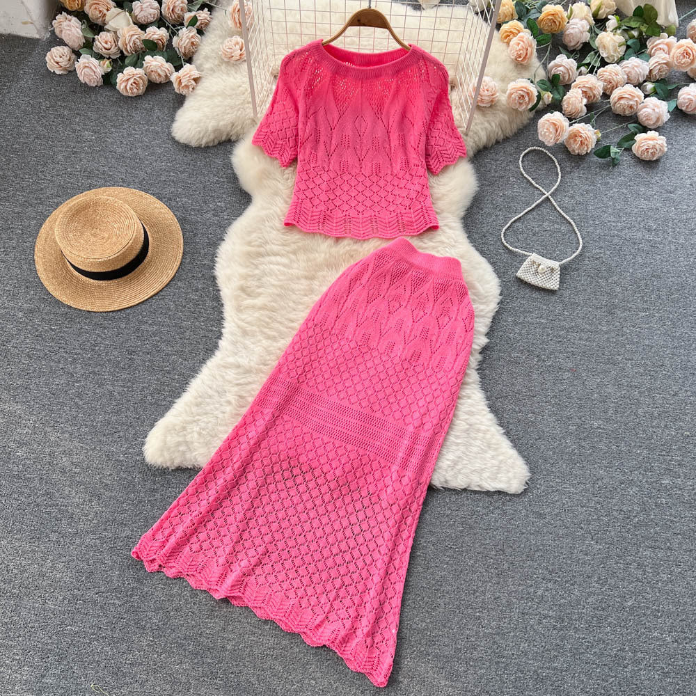 Korean ins style cut out crochet lace short-sleeved suit skirt women's shorttops+mermaid half length skirttwo-piece set trendy