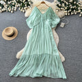 Vacation style stereo flower embroiderdress female summerv neck light mature style waist slimming look fairy draped long skirt