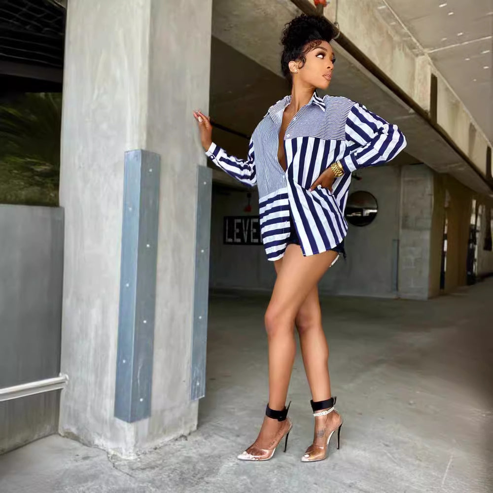 e-commerce direct from the source:  autumn european and american style women's fashion striped print loose shirt dress