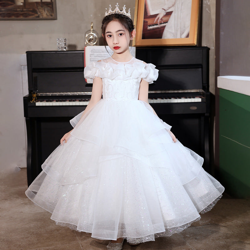 Ready-to-ship, cross-border bestseller: high-end girls' formal dress, long, full skirt with mesh paneling, floral princess dress for girls