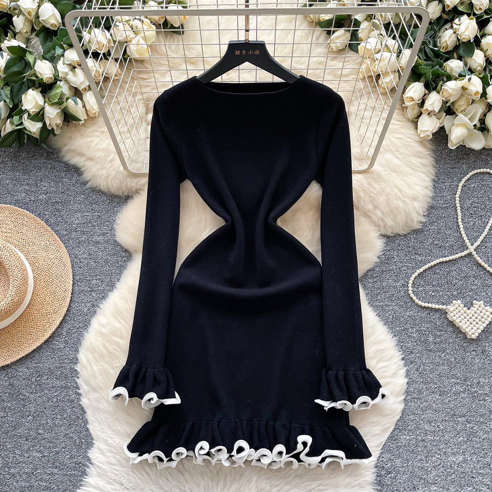 Premium inner layer autumn/winter sweater dress -  new sexy slimming ruffle long sleeve knitted dress