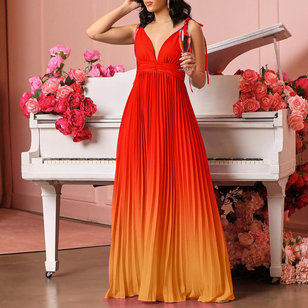 European and american plus size women's clothing  new fashion v-neck sexy high-waisted gradient pleated maxi dress gown