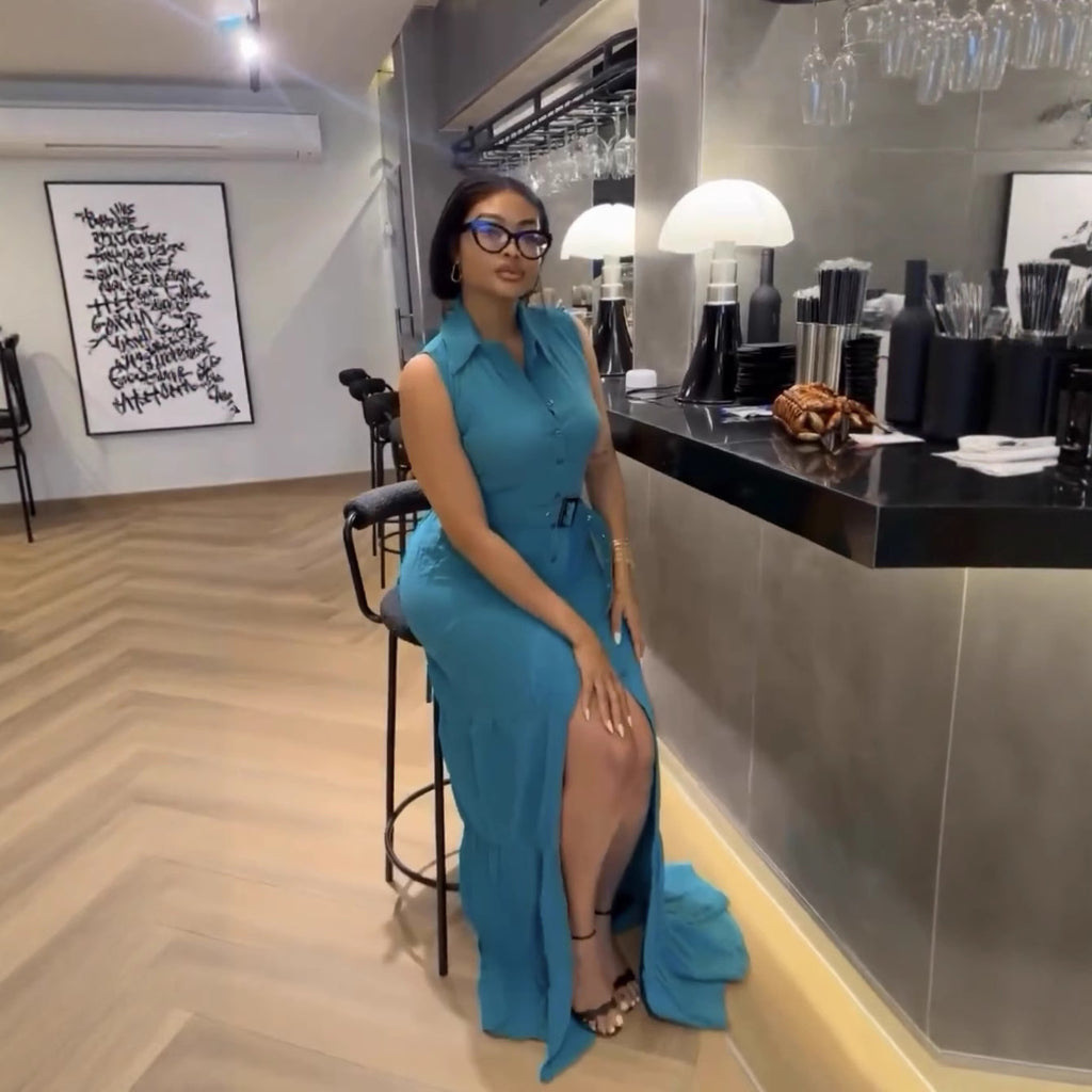 Europe and the United States  new women's clothing lapel cardigan sleeveless solid color temperament long dress with belt