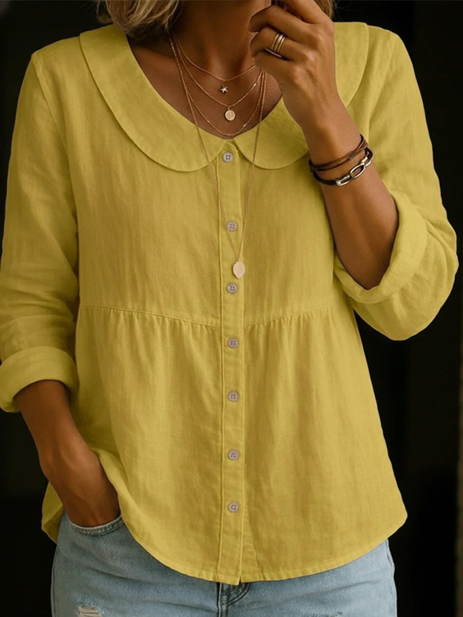 summer new european and american style pan collar linen cotton solid color shirt - women's loose fit, slimming, long sleeve, casual and versatile top