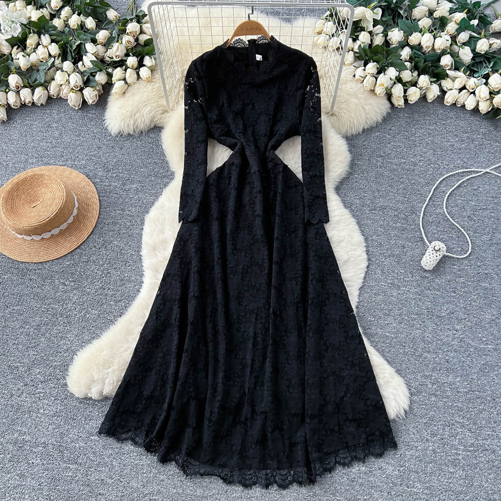 French chic, understated elegance: women's autumn  dress - high-end, slim-fit, figure-flattering, lace maxi dress
